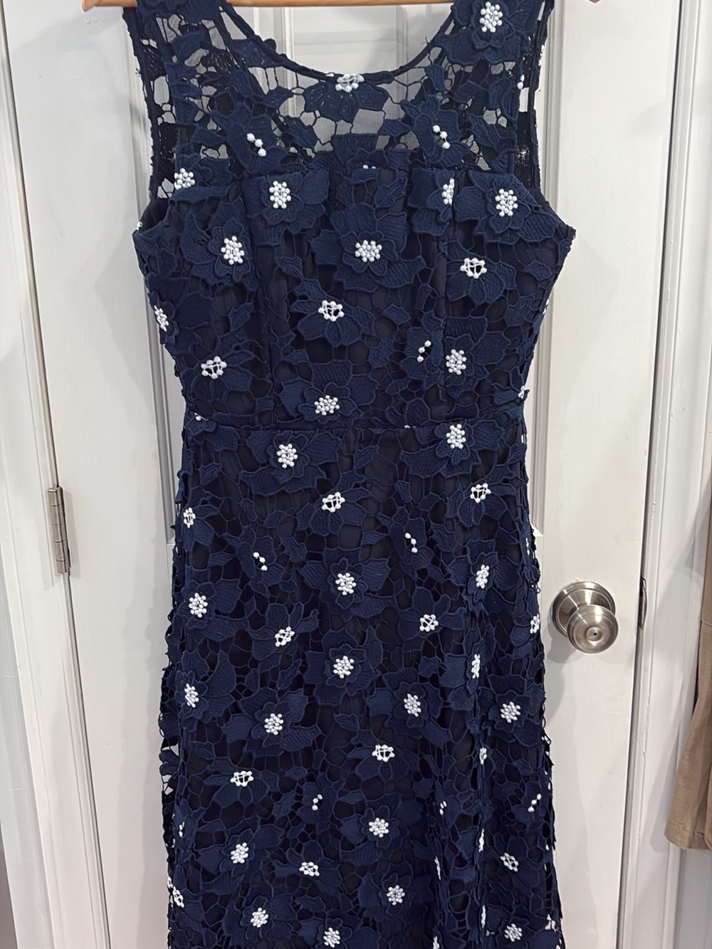 Milly Navy Floral Lace Dress with White Bead Accents